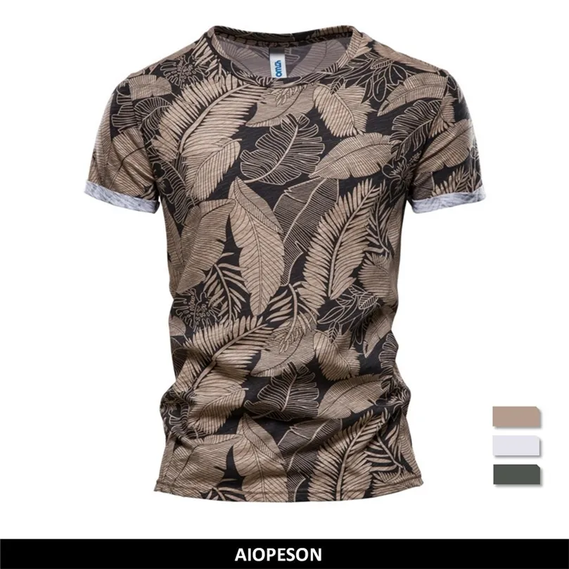 AIOPESON Mens Summer Leaf Print Cotton Slim Fit T Shirts Oneck