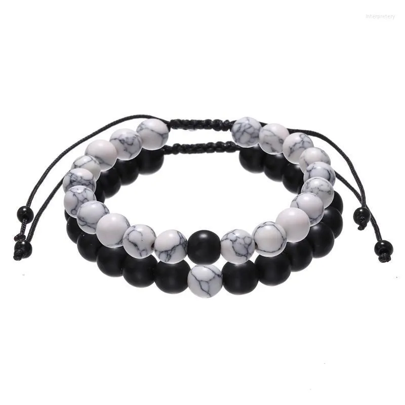 Bracelets porte-bonheur 2 pièces/ensemble Couples Distance tresse hommes ensembles réglable pierre naturelle blanc et noir Ying Yang perle Bracelet bijouxCharme Inte2