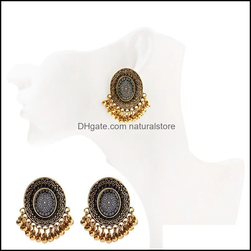 Ethnic Black Flower Dangle Earrings Turkey Bijoux Vintage Bohemia Tassel Earrings Boho Gold Alloy Tribe Indian Jewelry