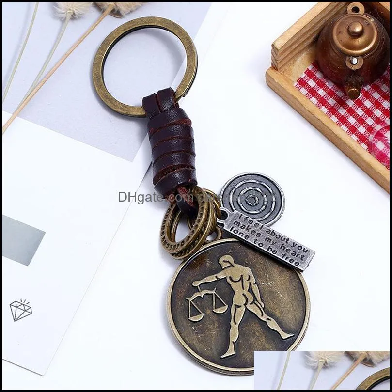 Zodiac Sign Keychains for Men Women Genuine Real Leather 12 Constellations Vintage Gold Color Metal Alloy Keyring Car Key Chain Holder