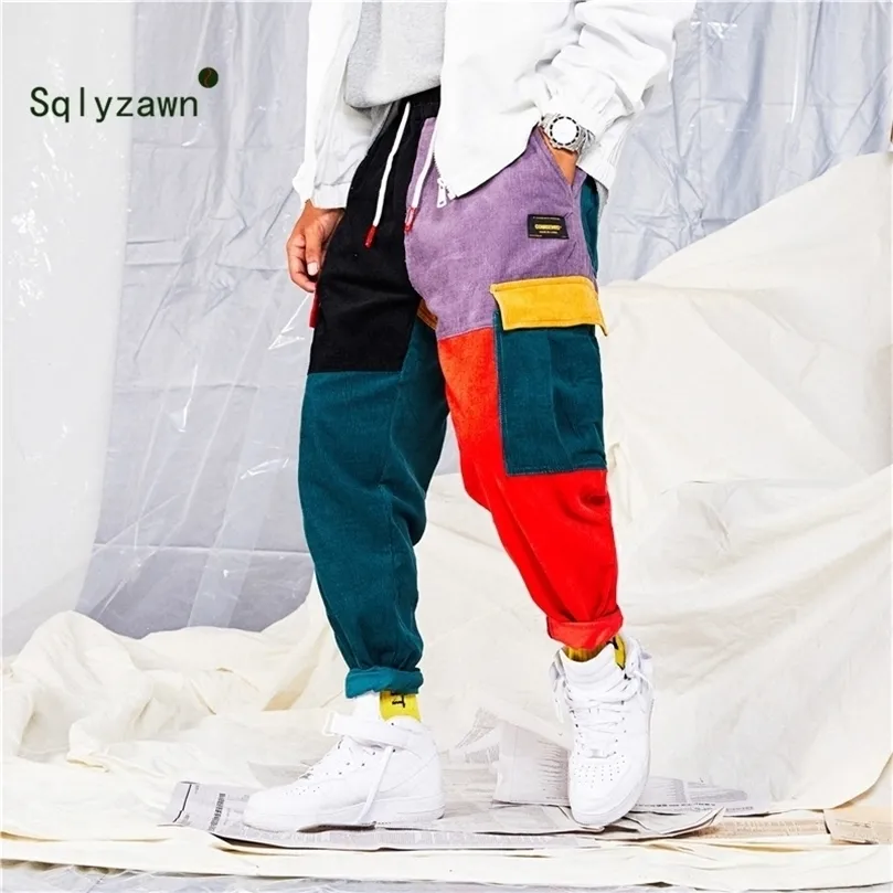 Män och kvinnor höft höftbyxor färgblock lapptäcke corduroy last harem pant streetwear harajuku jogger tröja bomullsbyxor 201126