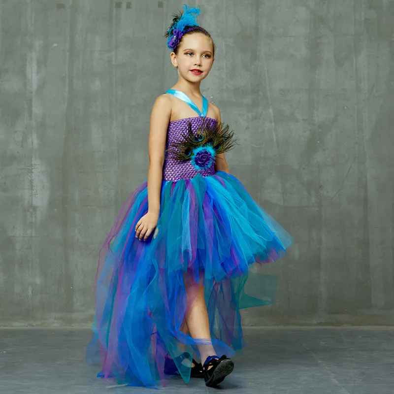 Peacock Tutu Costume Dress Child Girls Pageant Prom Ball Gown Princess Peacock Feather Halloween Birthday Party Train Dress (13)