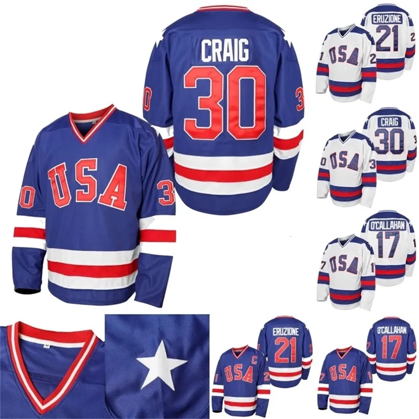 CEOMIT MENS 1980 USA MIRACHY ON ICE HOCKEY JERSEY #17 JACK O'Callahan #21 Mike Eruzione #30 Jim Craig Hockey Jerseys S-XXXL في الأسهم الأزرق الأبيض