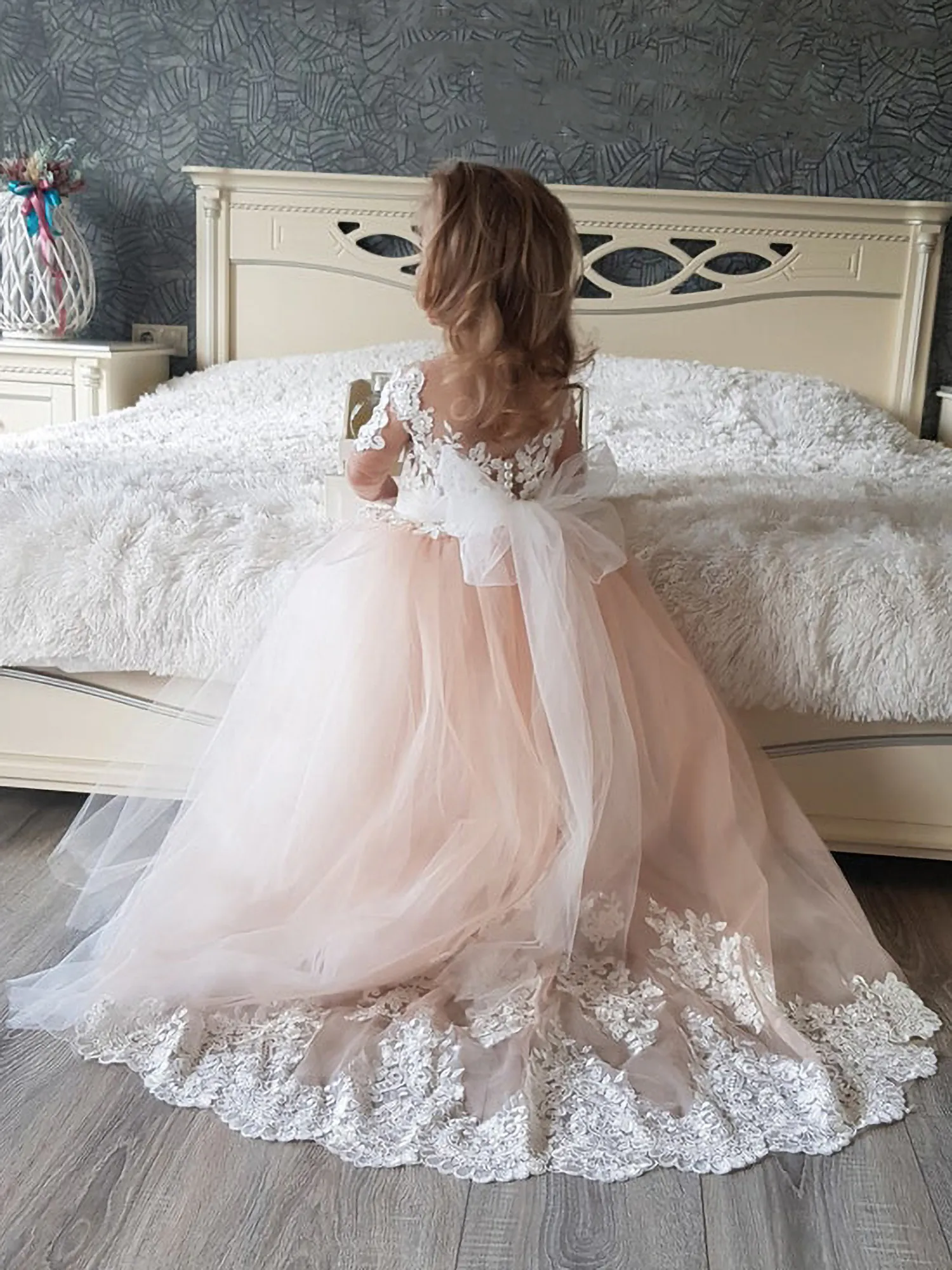 Kinderjurk Tule Lace Kort Mouw Ball Jurk Prinses Jurk Romantic Bow Little Girl trouwjurk MC2305