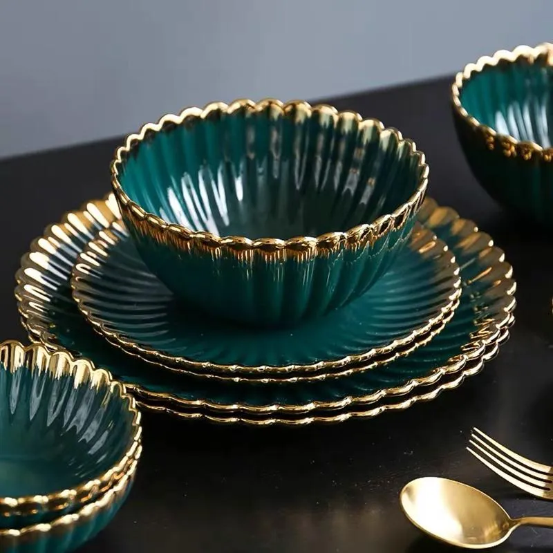 Green Ceramic Tableware Set Luxury Dinner & Salad Plates, Soup Bowls