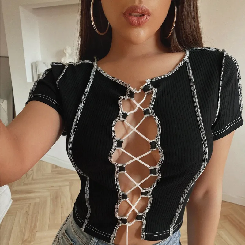 Herfst patchwork gebroken ontwerp mesh crop top voor vrouwen punkstijl lange mouw t -shirt street bandage casual slijtage tees vrouwelijk 220602