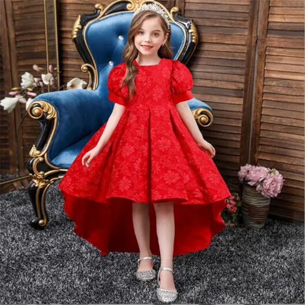 2022 Nowe Listing Girls Hights Trailing Suknie Wieczorowe Księżniczka Sukienka Drukuj Kwiat Girl Jacquard Rękaw Puff Sleeve Wedding Bankiet Eleganckie sukienki Wear