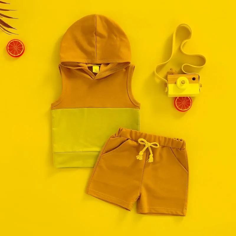 Ensembles de vêtements pour bébés garçons, costume d'été pour tout-petits, mode Patchwork, hauts à capuche sans manches, cordon de serrage, vêtements courts