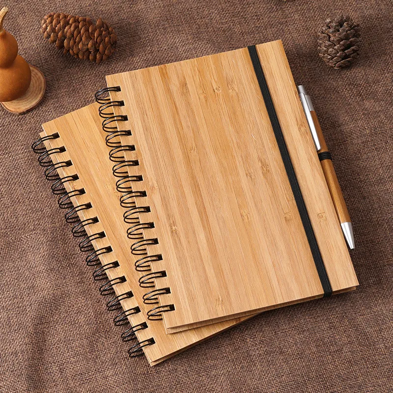 Spiral Notebook Wood Bamboo Cover With Pen Student Environmental Notepads wholesale School Supplies 1294 D3