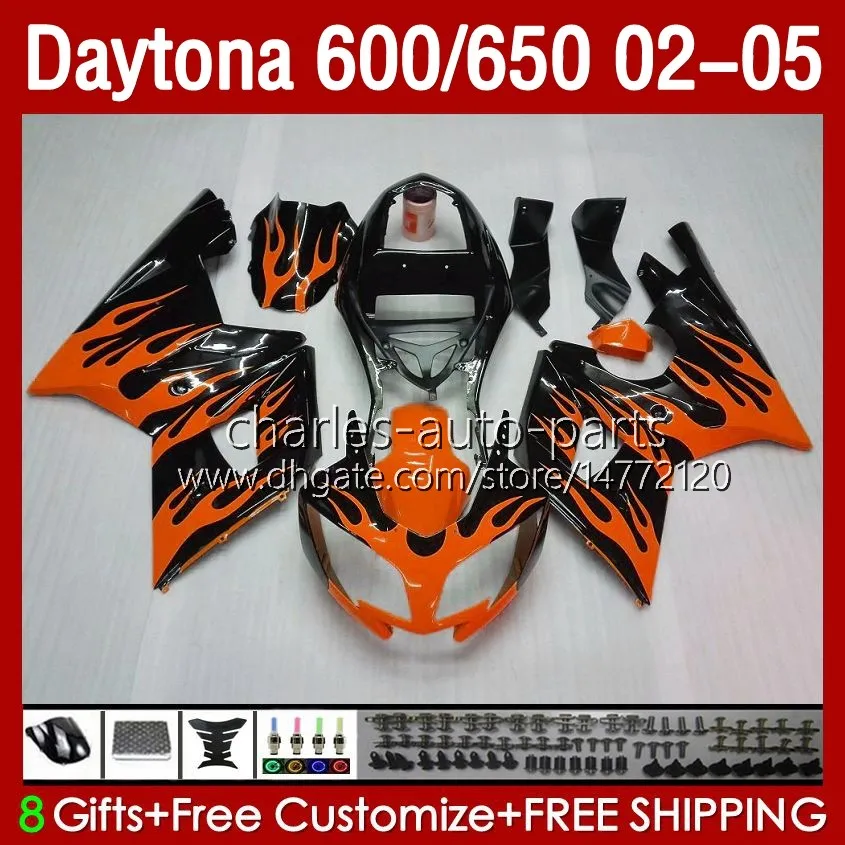Fairings Kit för Daytona 650 600 cc 02 03 04 05 karosseri 132no.68 Cowling Daytona 600 Daytona650 Orange Flames 2002 2003 2004 2005 Daytona600 02-05 ABS motorcykelkropp