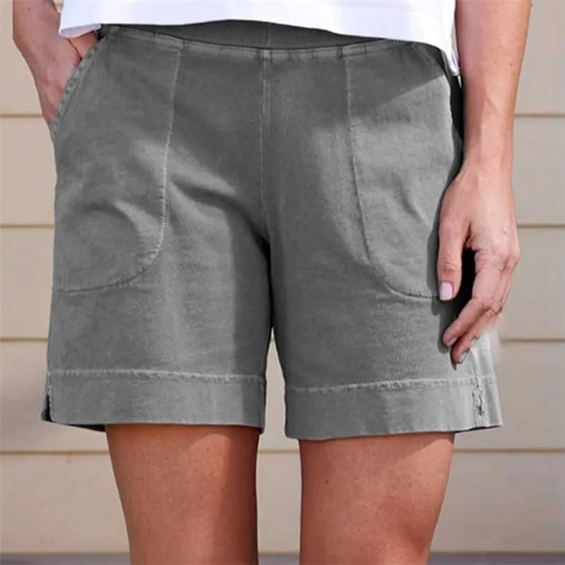 Femmes été solide Shorts coton et lin pantalon taille haute dames lâche et confortable culotte dames vêtements décontractés 210709