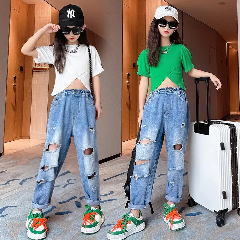 Ensembles de vêtements filles jeans vêtements ensemble bébé hauts courts pantalons en denim déchiré deux pièces mode streetwear 8 10 12 ans tenue adolescente vêtements