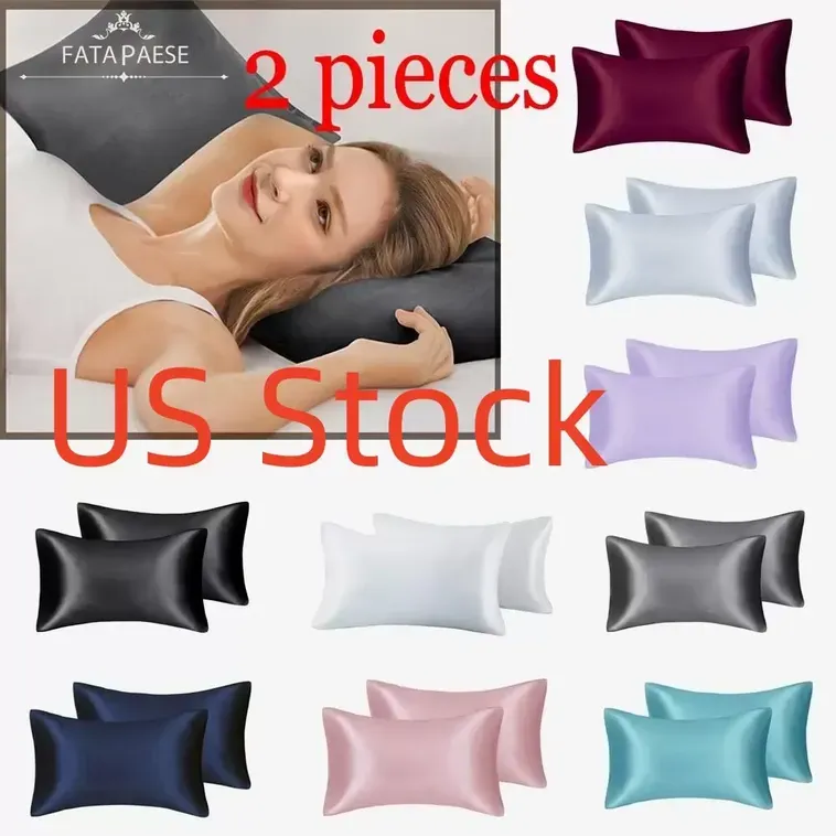 US Stock Silk Satin Pillow Case for Hair Skin Soft Breathable Smooth Both Sided Silky Covers with Envelope Closure King Queen Standard Size 2pcs HK0001 B0715