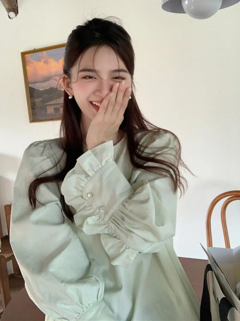 Frauen Blusen Shirts Koreanische Chic Patchwork Design Bluse Frauen Oansatz Puff Sleeve Pullover 2022 Sommer Solide Lose Süße Blusas mujerWom