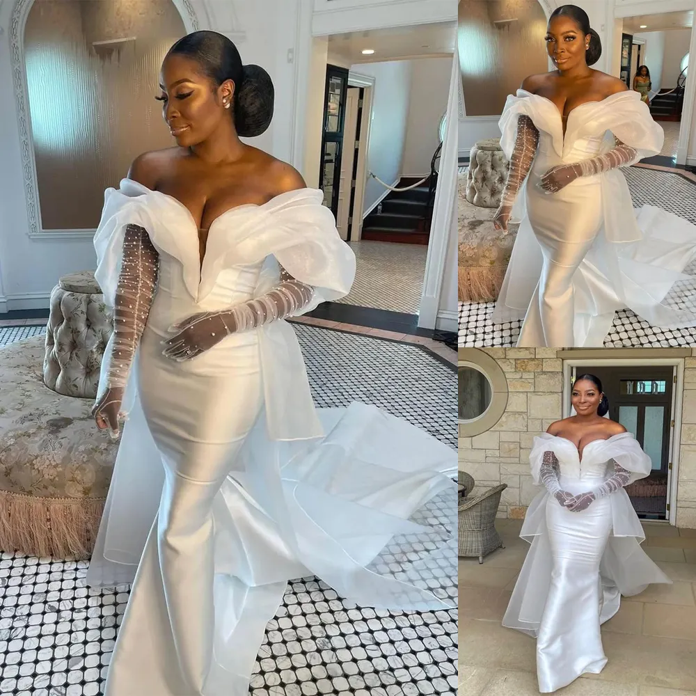 Simple Satin Mermaid Wedding Dress with Removable Long Sleeve Couture Plus Size Beads Bride Party Dress Celebrity Bridal Gowns