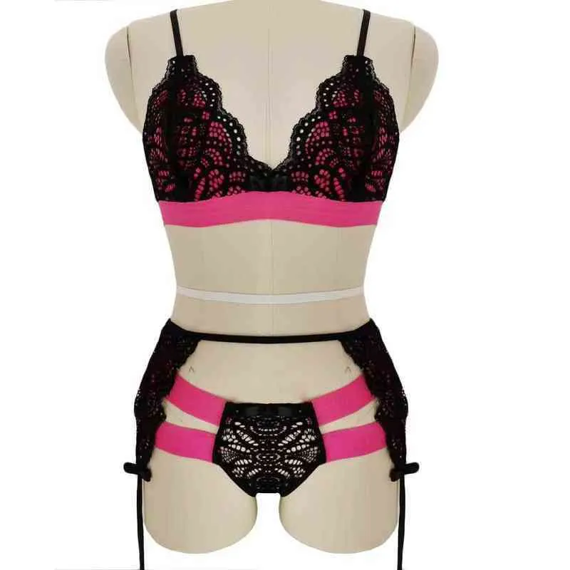 NXY Sexy Set Women Lace Wireless Bra Underwear Garter g String Pant Suit Solid Color 0211