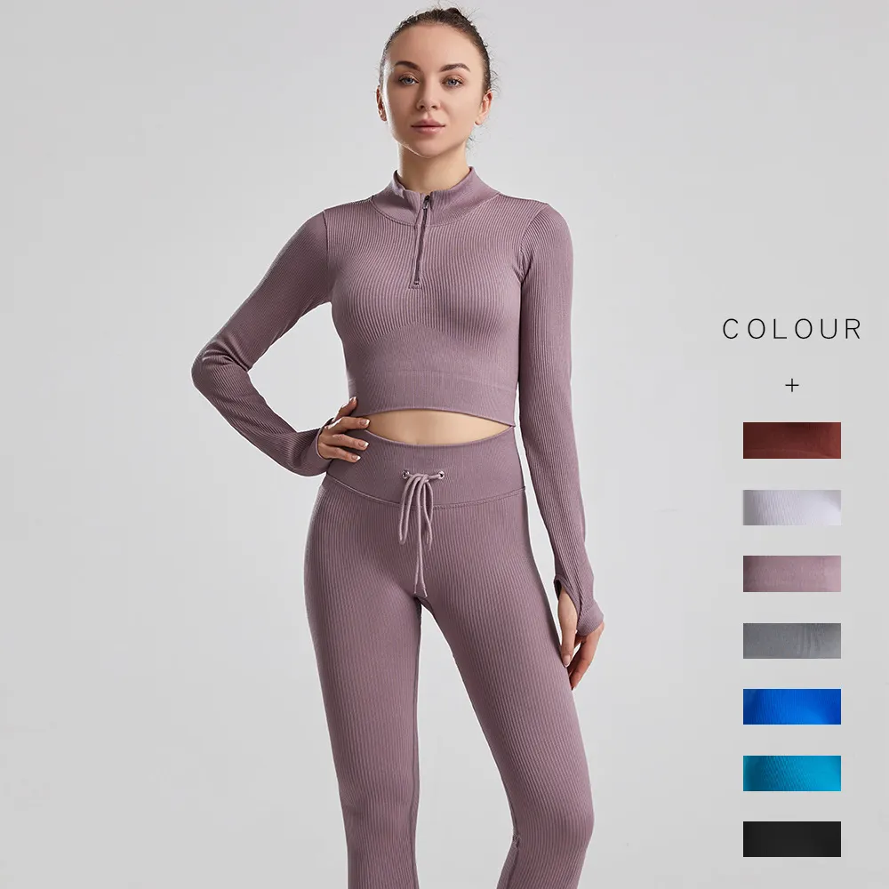 Dames yoga out fit hoge taille lopende draad sterke stretch massieve kleur nylon fitness lange mouw en pocket broek pakken naadloze heup-lifting leggings trainingspakken