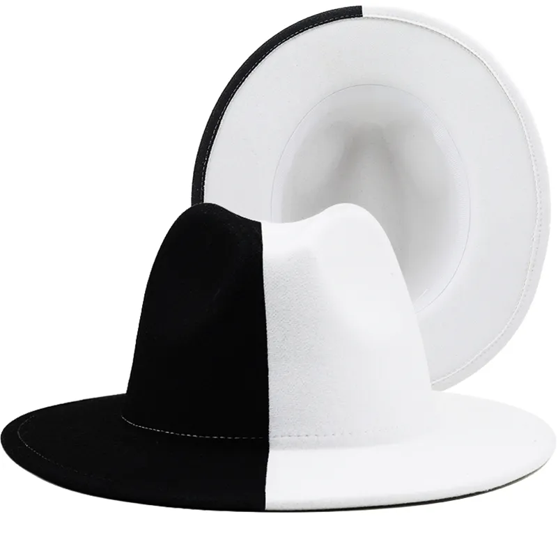 Svart Vit Patchwork Ull Filt Jazz Fedora Hatt Dam Unisex Bred Brätte Panama Party Trilby Cowboy Keps Män Gentleman Bröllopsmössa 220812