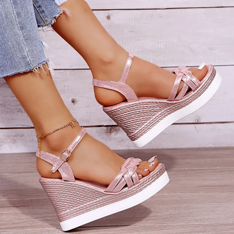 Women's Summer Wedge Heel Sandals, Platform Strap Open Toe Chunky Bottom  Casual Shoes in Gold, Silver, and Pink (10cm, 220421)