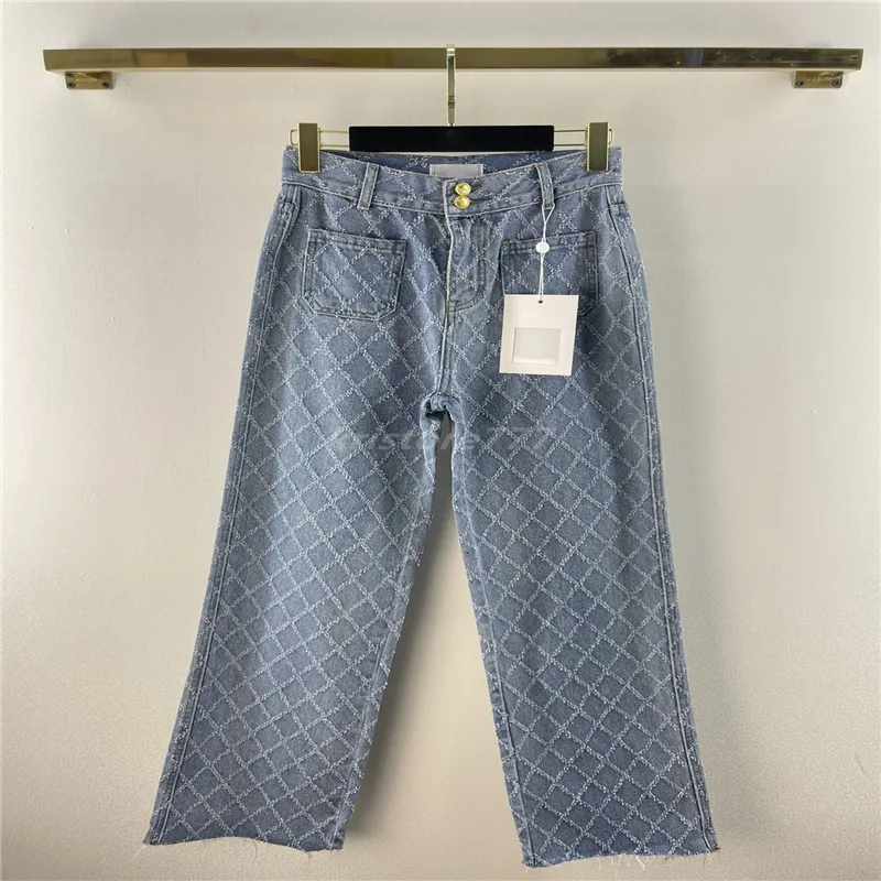 2022 Kvinnorflickor 100% bomullsdesignerbyxor Jeans med brevknappar diamantmönster kvinnlig high end Milan Runway Casual Outwear Denim Casual rak lång byxor