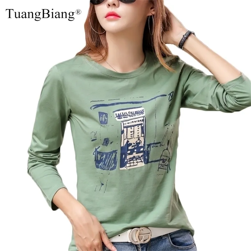 Komik Baskı Sonbahar Gevşek Kadın T Gömlek Kış O-Boyun Tam Kollu Pamuk Moda T-Shirt Kadınsı Yeşil Rahat Yumuşak 220402 Tops