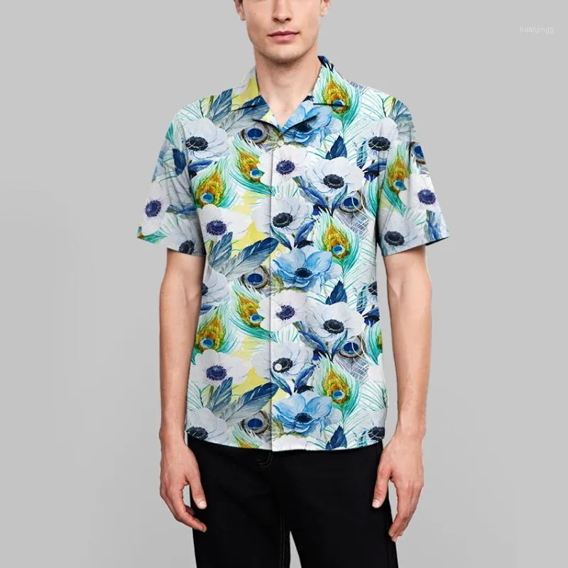 Мужские повседневные рубашки рубашки с коротким рукавом 2022 мода летнее павлина перо печать круглые шеи свободные вершины