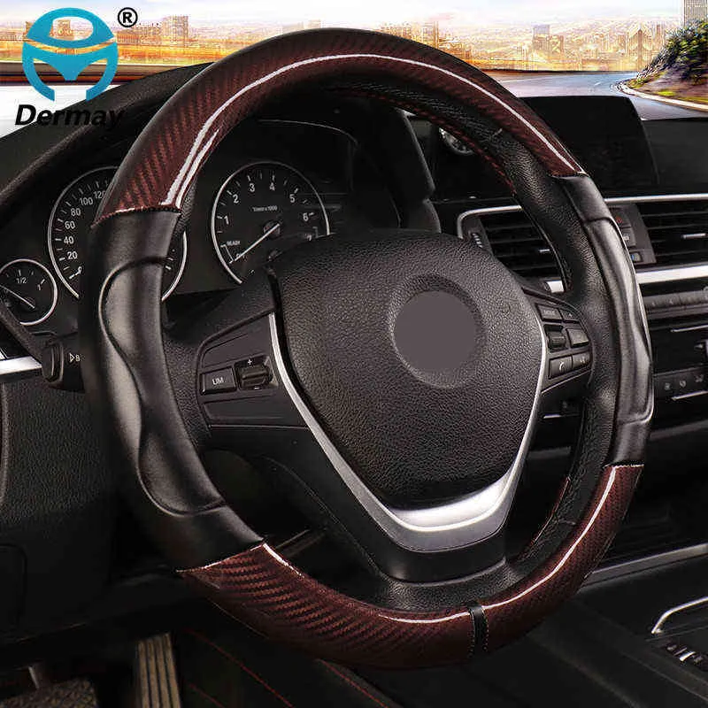 Cubierta del volante del coche de lujo Antideslizante Cuero suave beige Fibra de carbono Universal Tamaño M Ajuste Volante estándar 3738 cm J220808