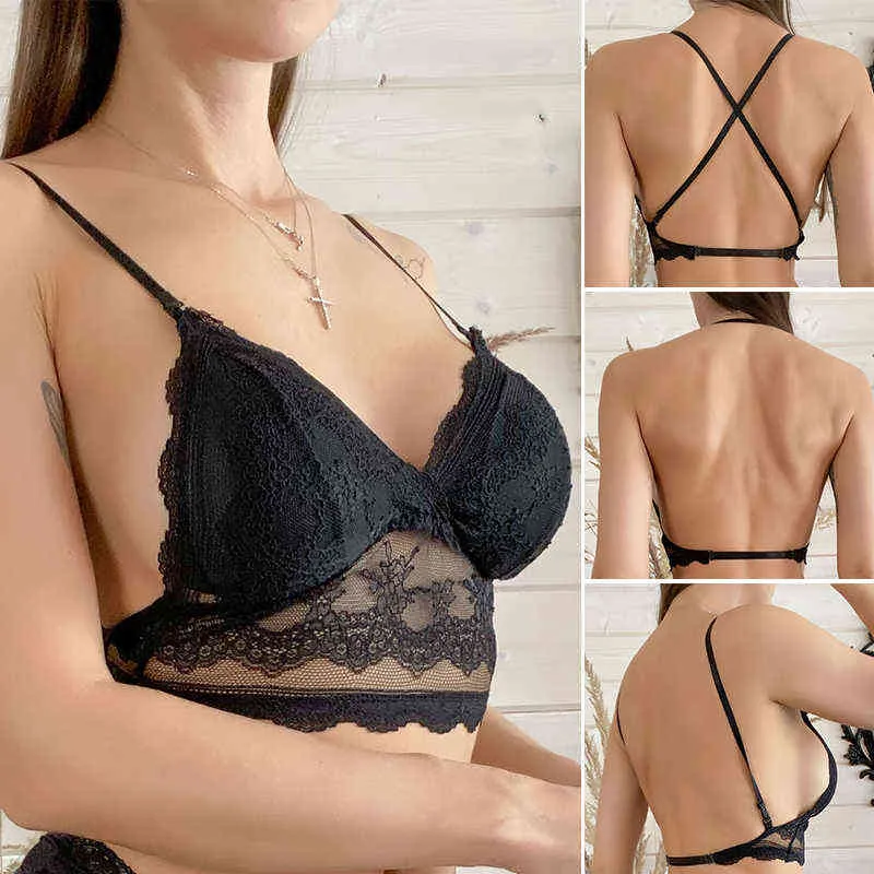 Sexig rygglös BRA -spets djupt U Low Back Bralette Thin Cup Wire Free Brasserie Halter Soft Seamless Elastic Underwear Tank Tops L220726