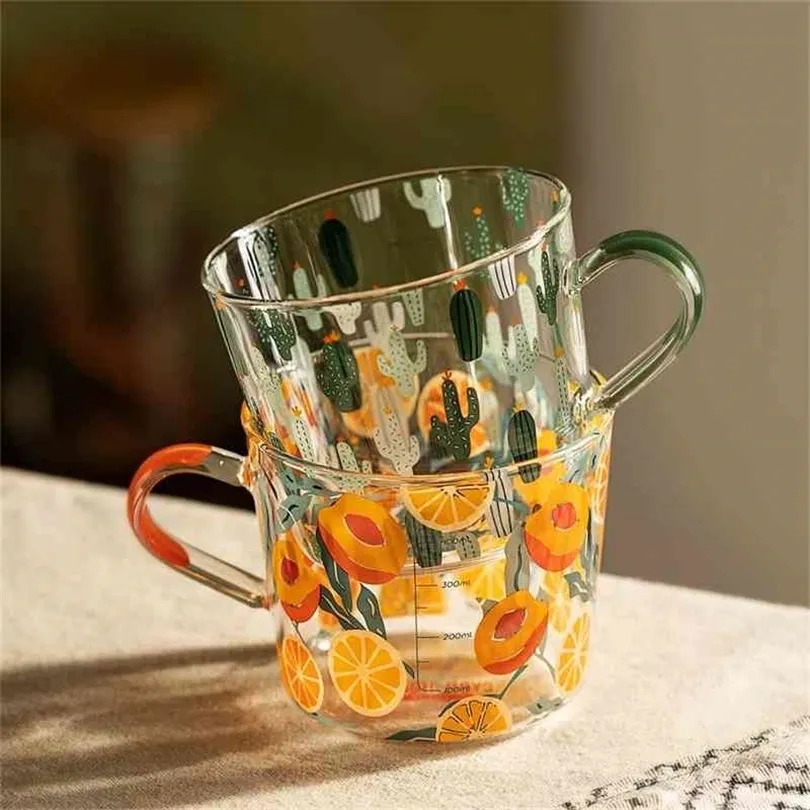 MDZF SWEETHOME 500 ml Amarillo Melocotón Cactus Vidrio Té Leche Tazas Con Escala Taza de café Fiesta Vasos creativos Vasos Vasos de agua 210409