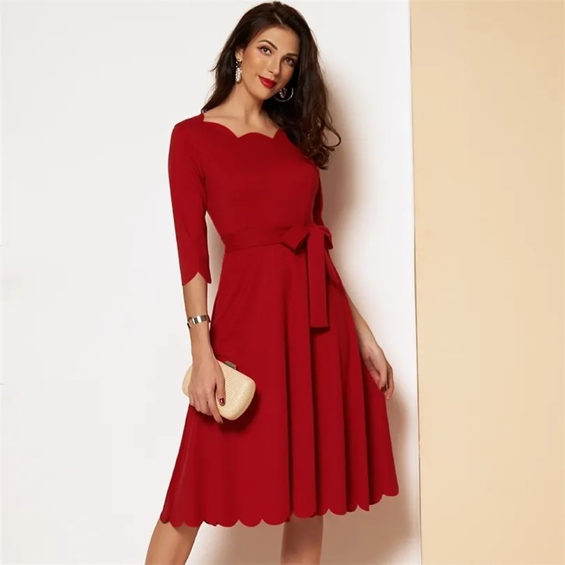 Maifun Elegant Scallop Edge Bodycon Dress Women 3 4スリーブソリッドペンシルドレス女性パーティーナイトレディースミディドレス210320