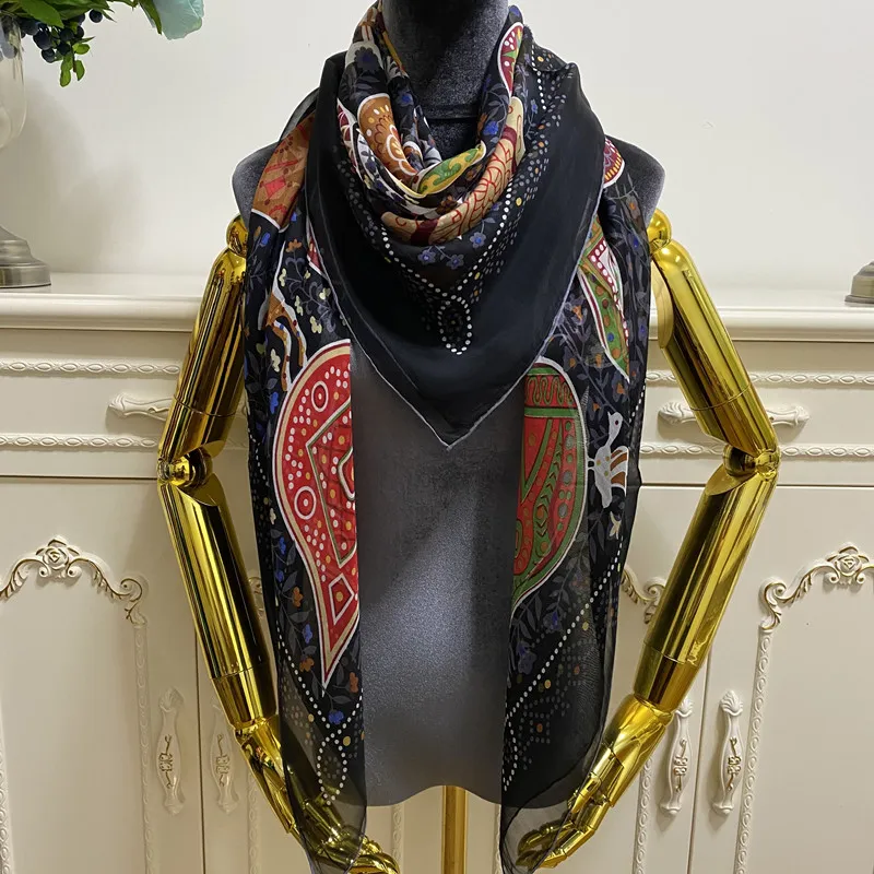 Dames vierkante sjaals sjaals 100% zijden materiaal dunne en zachte pint letter bladeren patroongrootte 130 cm - 130 cm