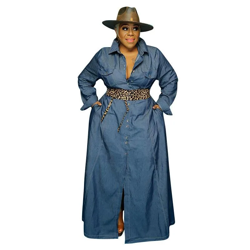 Plus Size Kleider Herbstkleidung Maxi für Frauen Umlegekragen Lässiges Langarmkleid Denim Großhandel DropPlus