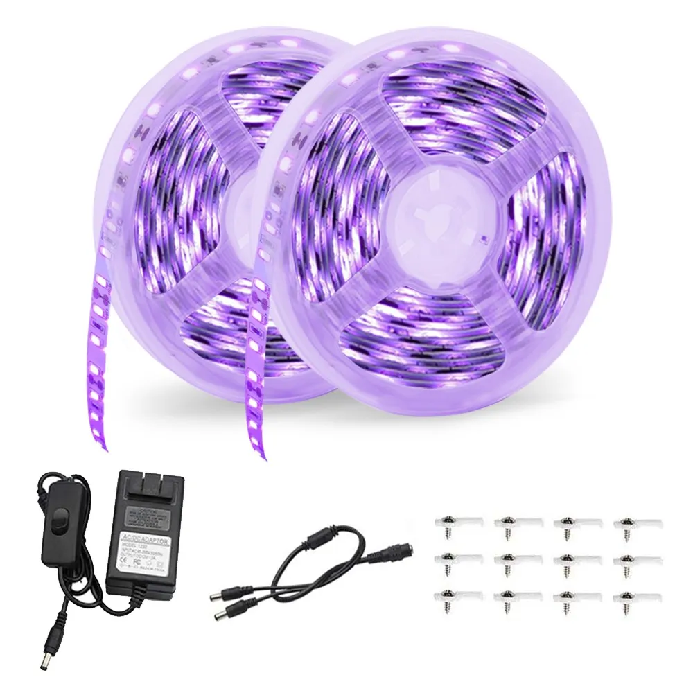 US STOCK UV Purple Light Strip 12V Flexible Blacklight with 600 Unit Uvs lamp Beads 10M LED Black Light Ribbon Decorative Lights