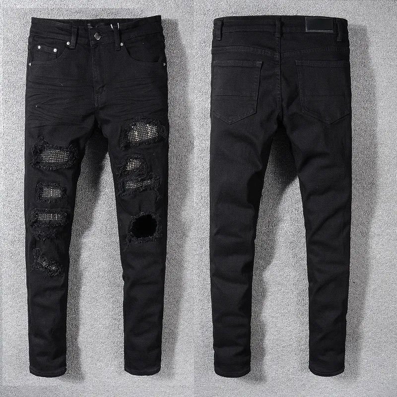 Jeans da uomo Skinny Fits Denim Black Pant for Guys Uomo Biker Slim Strappato Distressed Hip Hop Regular Moto Fit Street Rivet Patch Trendy Cerniera lunga dritta con foro