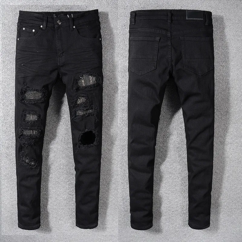 Herren-Jeans, Röhrenjeans, passt zu Denim, schwarze Hose für Männer, Herren, Biker, schmal, zerrissen, Distressed, Hip Hop, reguläre Moto-Passform, Straße, Nieten-Patches, trendiger langer, gerader Reißverschluss mit Loch