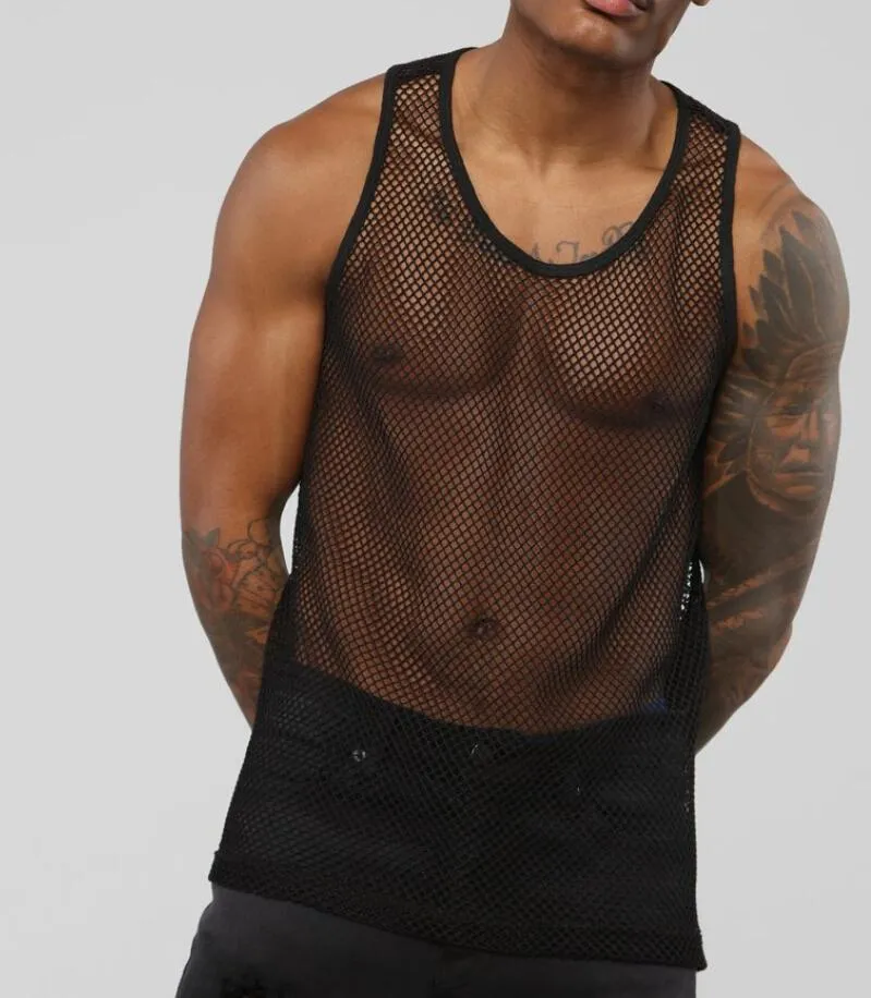 Débardeurs pour hommes Sexy Men's See Through Mesh Sheer Fishnet GYM Muscle Top Fitted Clubwear Undershirt Sleeveless Plus Size TeeMen's