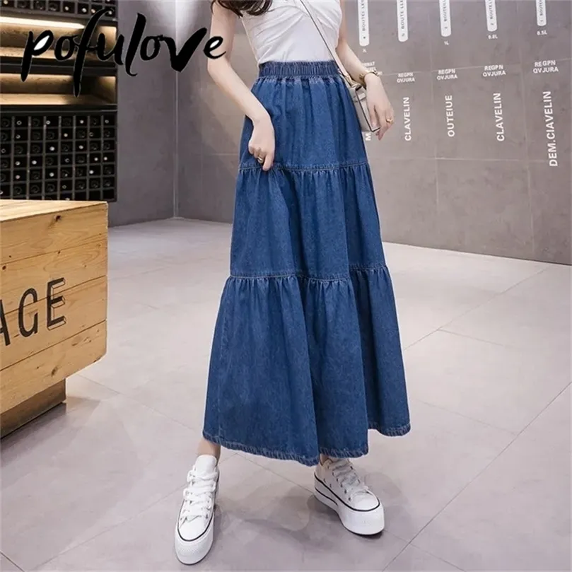 Women Denim Skirt Maxi Long Jeans Skirts Girl Pleated Korean Fashion Clothing Harajuku Mujer Faldas Blue Vintage 220701