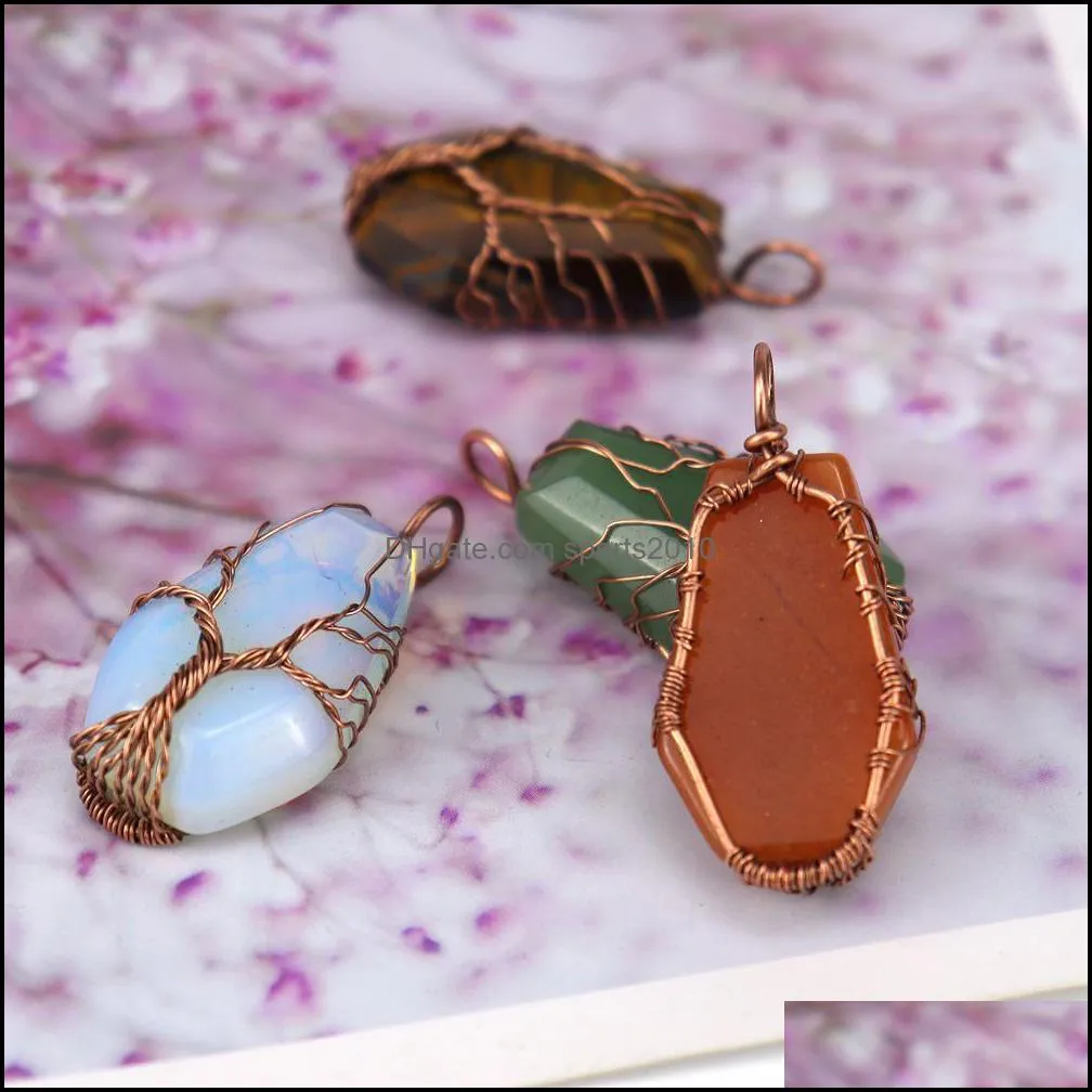 natural stone crystal lucky charms necklaces tree of life wire wrap pendant amethyst tiger eye rose quartz wholesale jewelry for women
