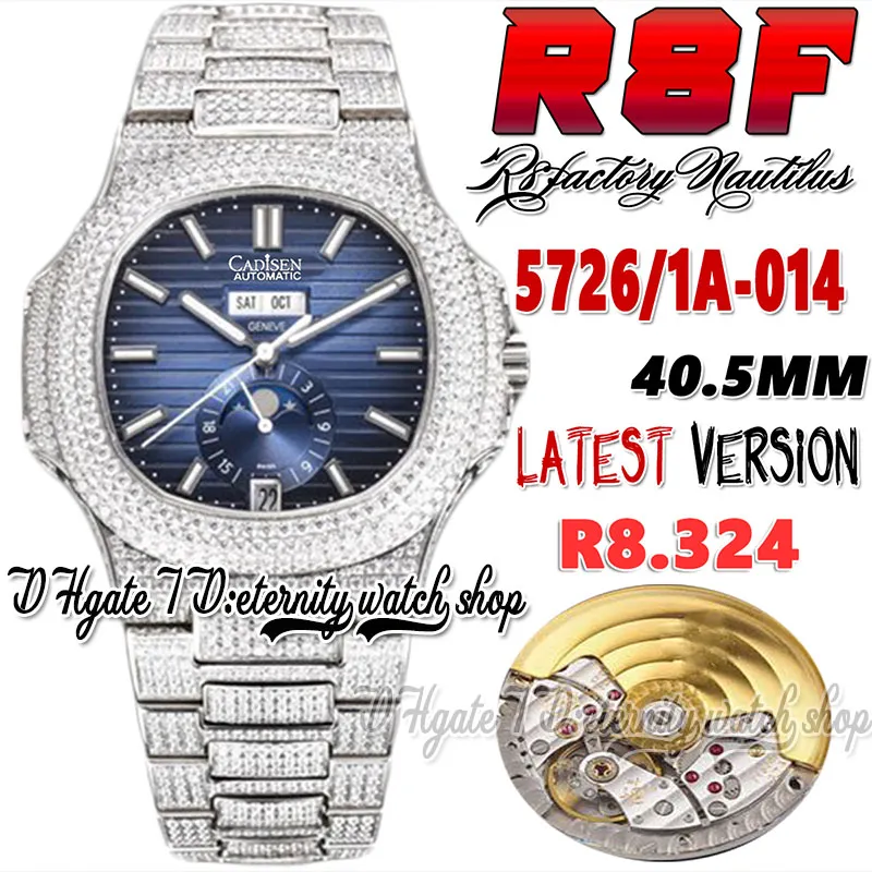 2022 R8F R8F5726 Cal.A324 R8F324 Fase de luna automática Reloj Diamantes pavimentados Caja de palo azul Dial helado con joyas de pulsera de diamantes bling Eternity Watches