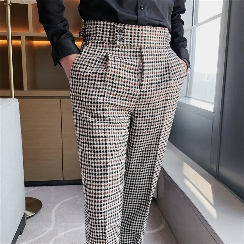 British Casual Men Dress Pant Thousand Bird Grid High Waist Straight Pants Fashion Trousers Formal Track s Clothing 220325