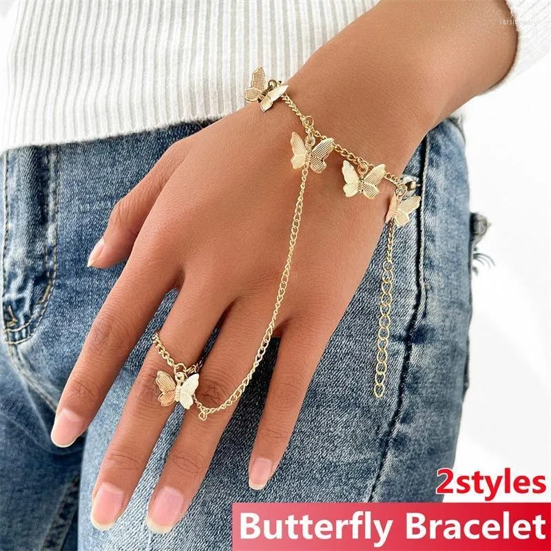 Link Chain Vintage Bracelet With Finger Ring Gold Butterfly Wrist Simple For Women Charms Lady Trendy Aesthetic 2022 JewelryLink Lars22