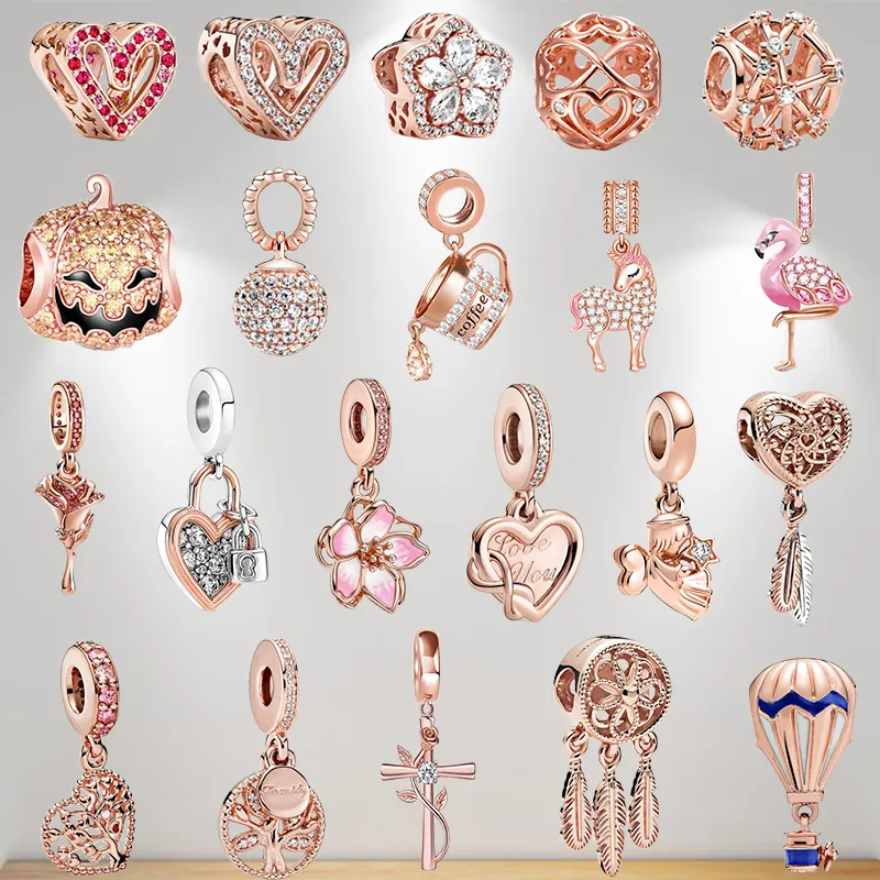 925 Charmos pendentes de prata esterlina para Pandora Box Original Rose Gold Eros Cross Flamingo Charmos Europeu de Bread Colar de pulseira