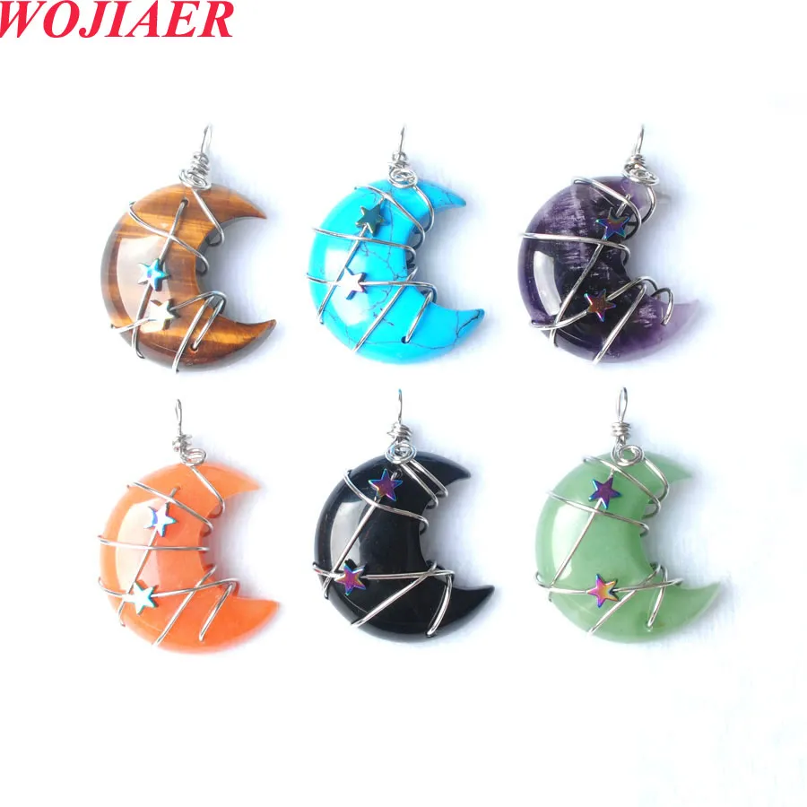 Wojiaer Reiki Real Natural Stone Chakra Pendant Moon Star Pink Jewelry Pendulo Bo979