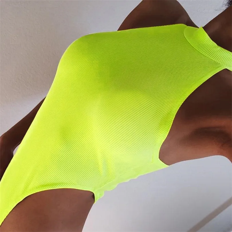 Bodysuit de halter néon com nervuras de Nadafair 2019 Mulheres de macacão de verão skinny Mulheres do corpo laranja de pescoço alto fêmea preta feminina T200116
