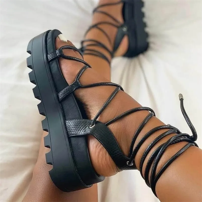 Mode Frau Gladiator Damen Keil Schuhe Weibliche Spitze Up Plattform Schuh Kreuz Riemen Stiefel Dicken Boden Sandalen 220701