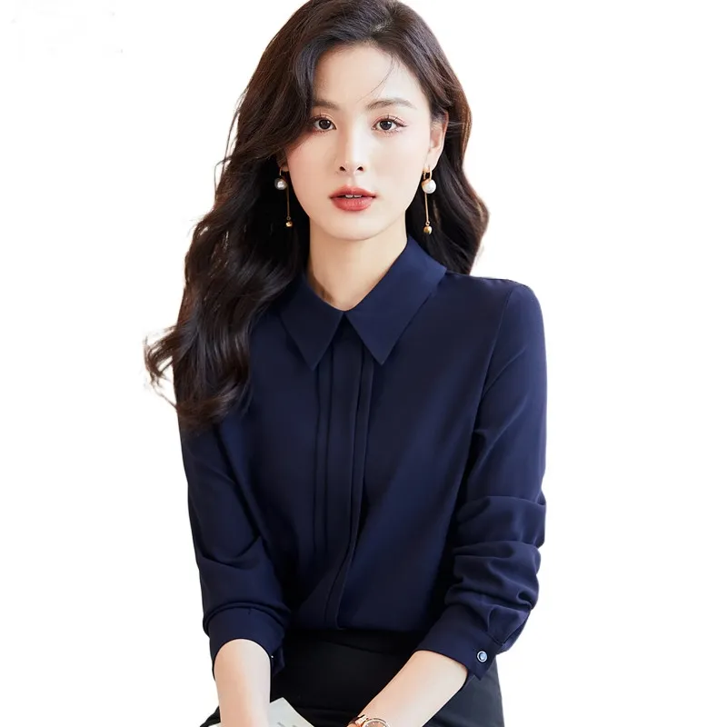 Navy Blue Shirt Women 2022 Spring New Temperament High End Professional Formal Chiffon Blouses Office Ladies Work Tops