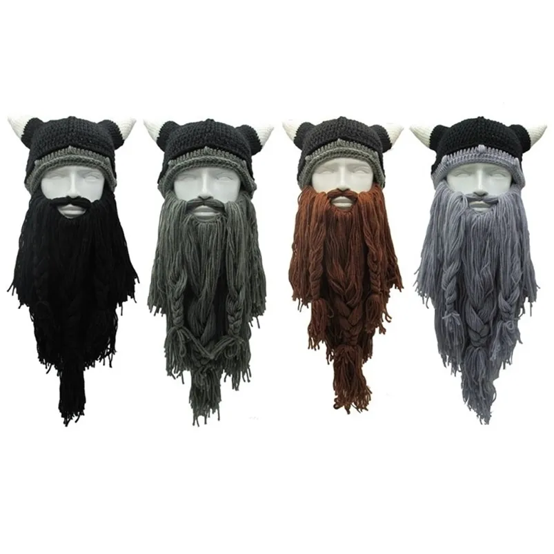 Adult Crazy Funny Halloween Cosplay Knitted Viking Beard Horn Hat Ski Mask Barbarian Vagabond Vintage Beanie Cap Winter Warmer 220812