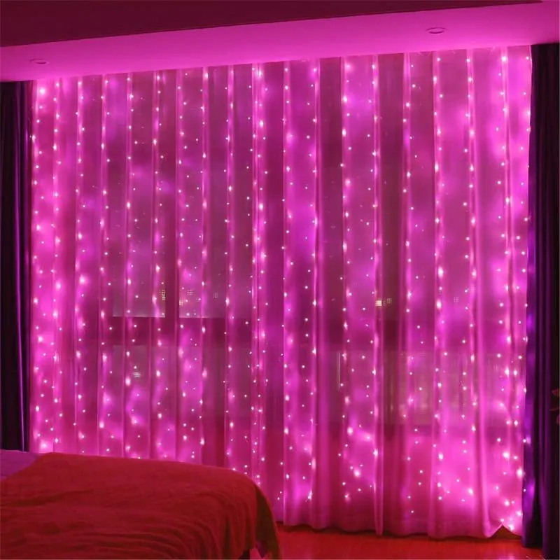 Strängar år Garland LED Copper Wire Curtain Fairy Lights 3 meter hem fönster sovrum julbröllop fest dekoration rosa klampt