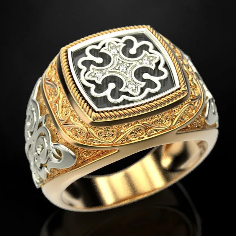 Hochzeitsringe Vintage Gold Plated Carving Muster Kreuz für Männer weiß CZ Stone Inlay Mode Schmuck Verlobungsfeier Geschenk Ringwedding