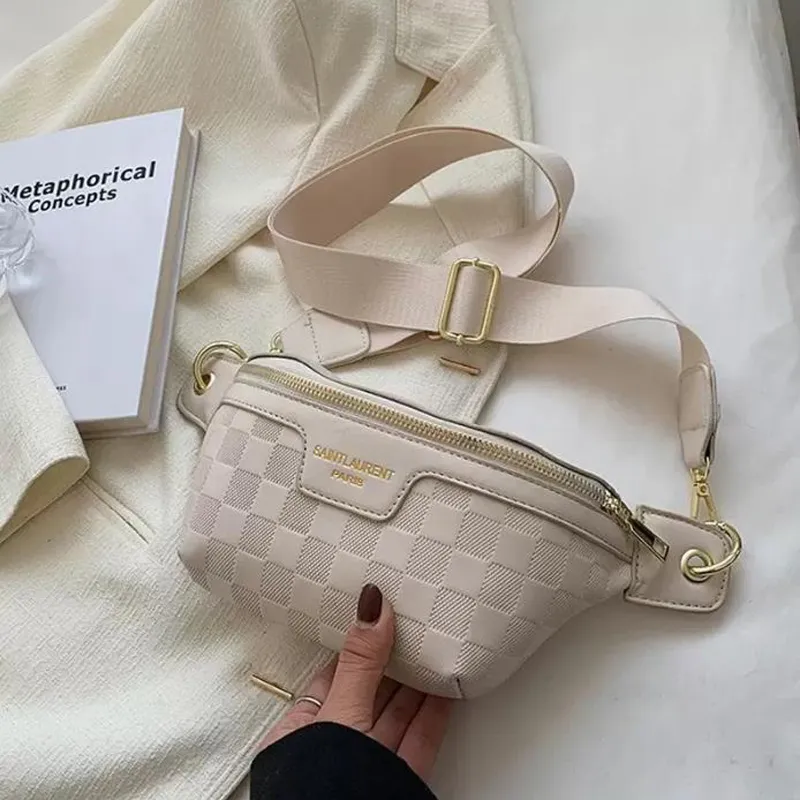 Kobiety projektanci elegancka krata PU skóra nowe saszetki na talię dla kobiet saszetki na talię stylowy piterek szeroki pasek Crossbody torba na klatkę piersiową G227213F